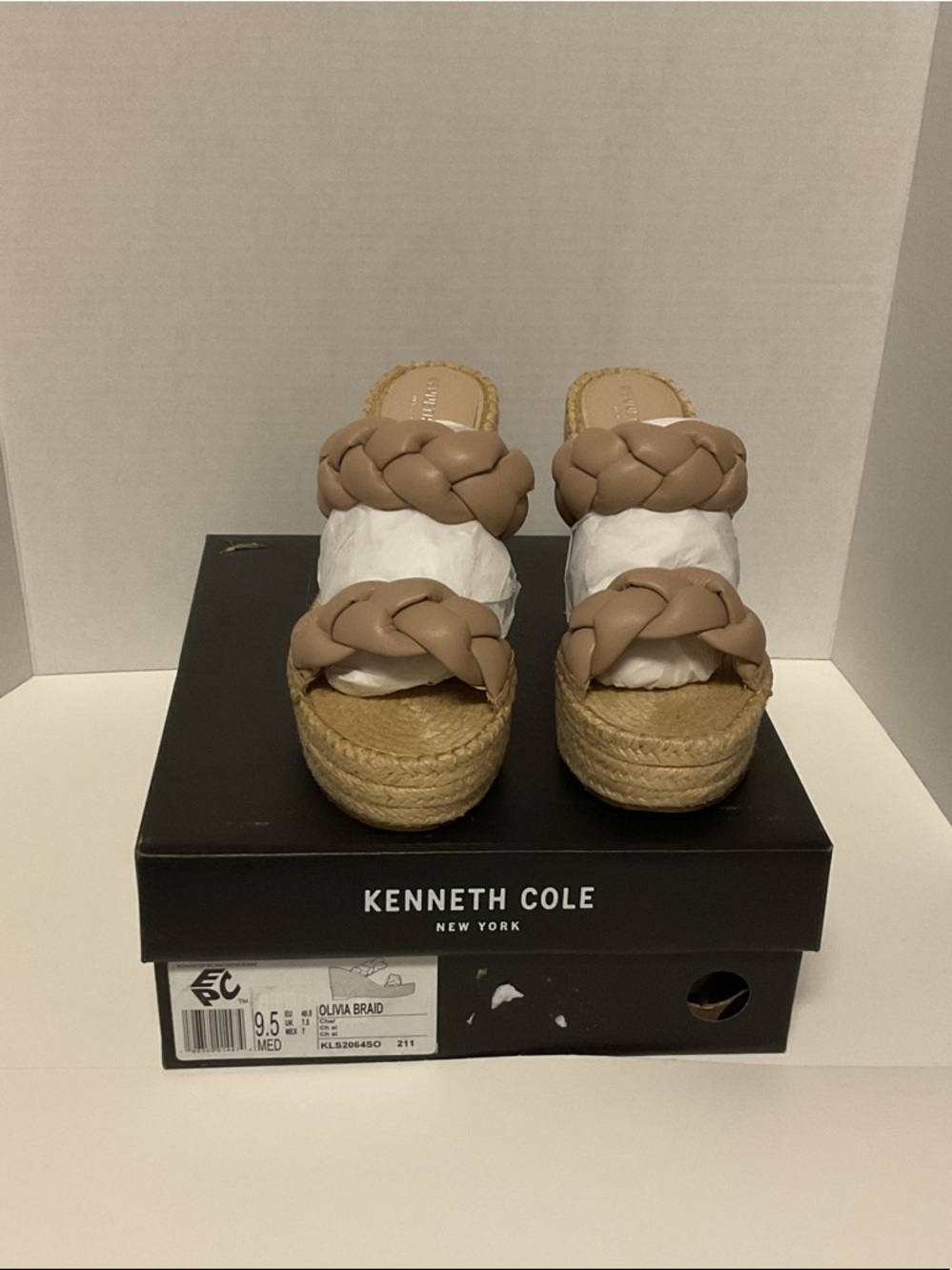 Kenneth Cole Tan Braided Double-Strap Espadrille Wedge Slides